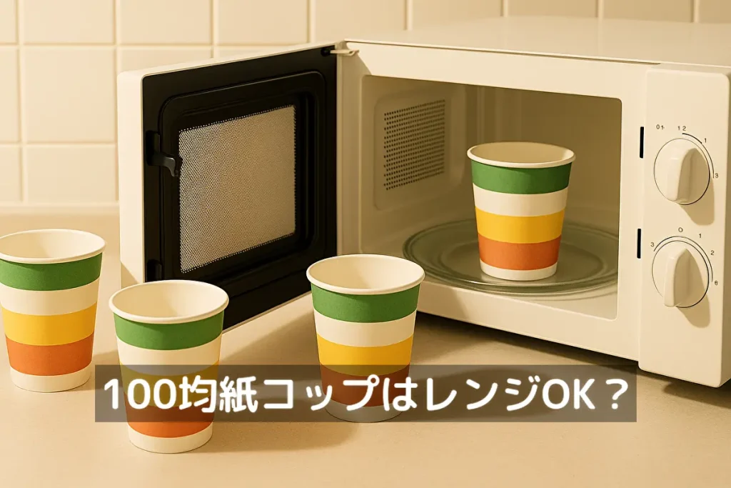 100均の電子レンジ対応紙コップとキッチンカウンターのイメージ
