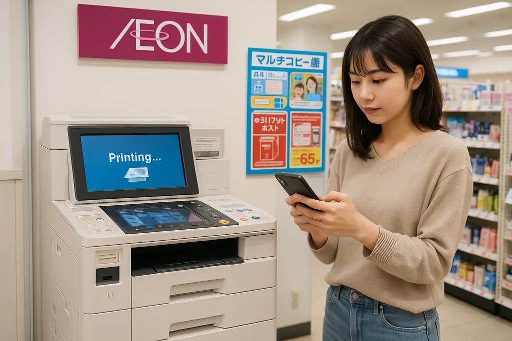 イオンのコピー機でスマホからPDFを印刷している女性の様子