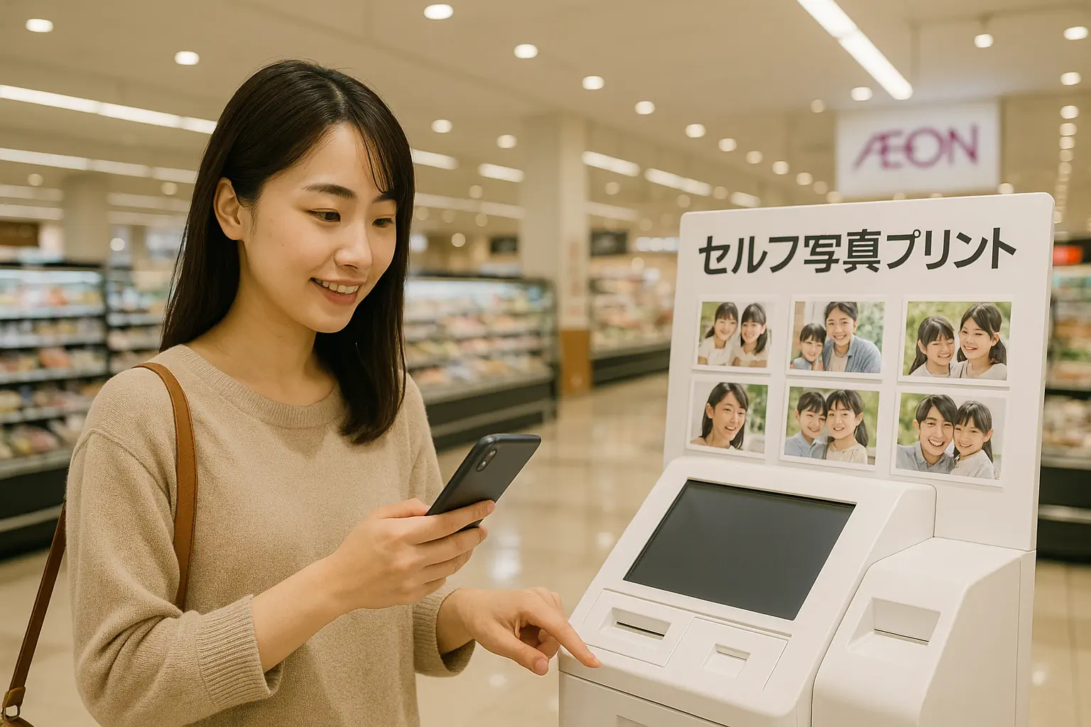 イオンのセルフプリント機をスマホで操作している女性の様子。スマートフォンから簡単に写真を印刷できる様子が伝わる。