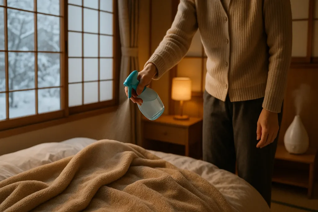 毛布にファブリーズをスプレーして静電気対策をしている冬の寝室風景