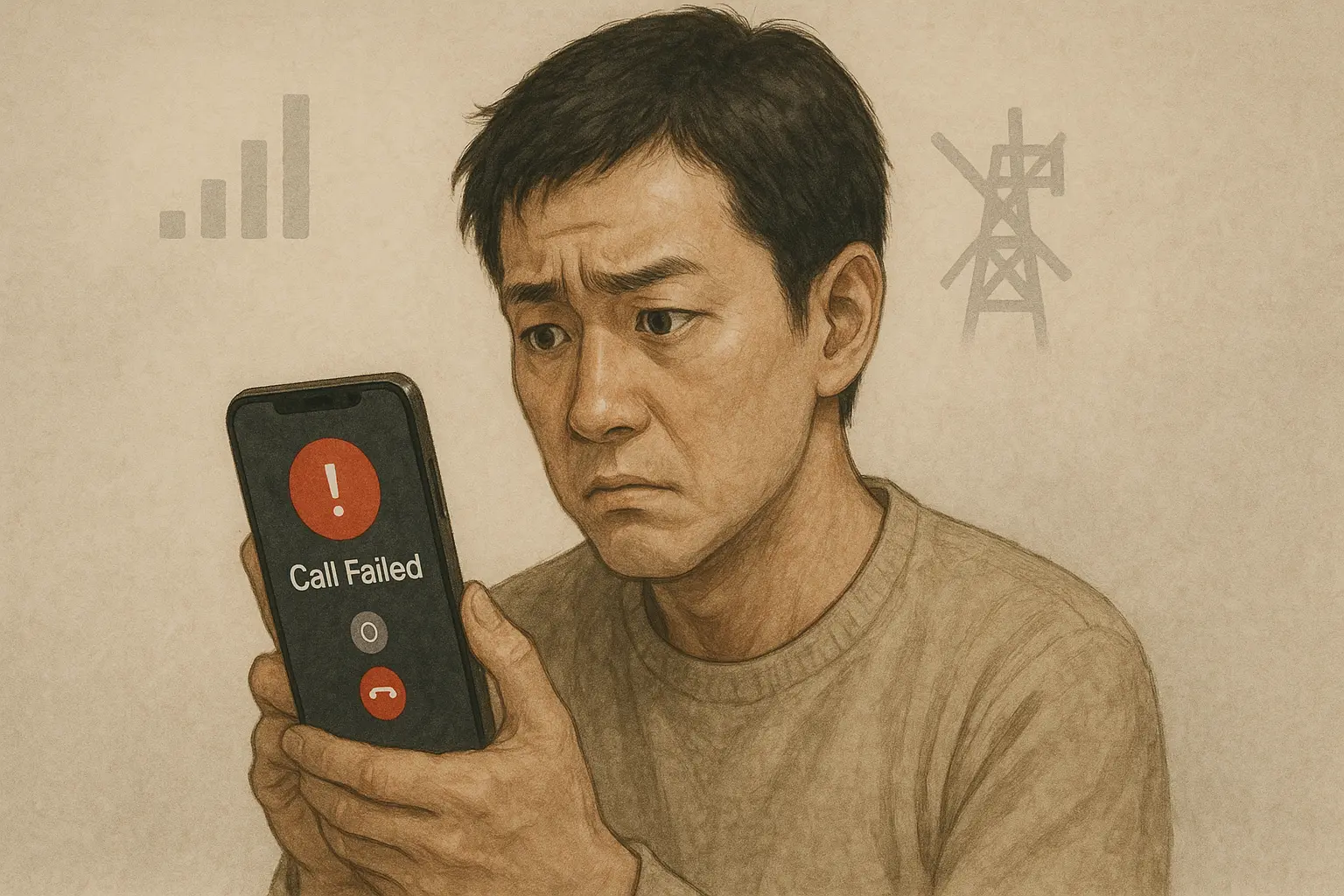 スマートフォンの画面に通話できない旨の英語アナウンスが表示されている。ドコモの着信トラブルを表すイメージ。