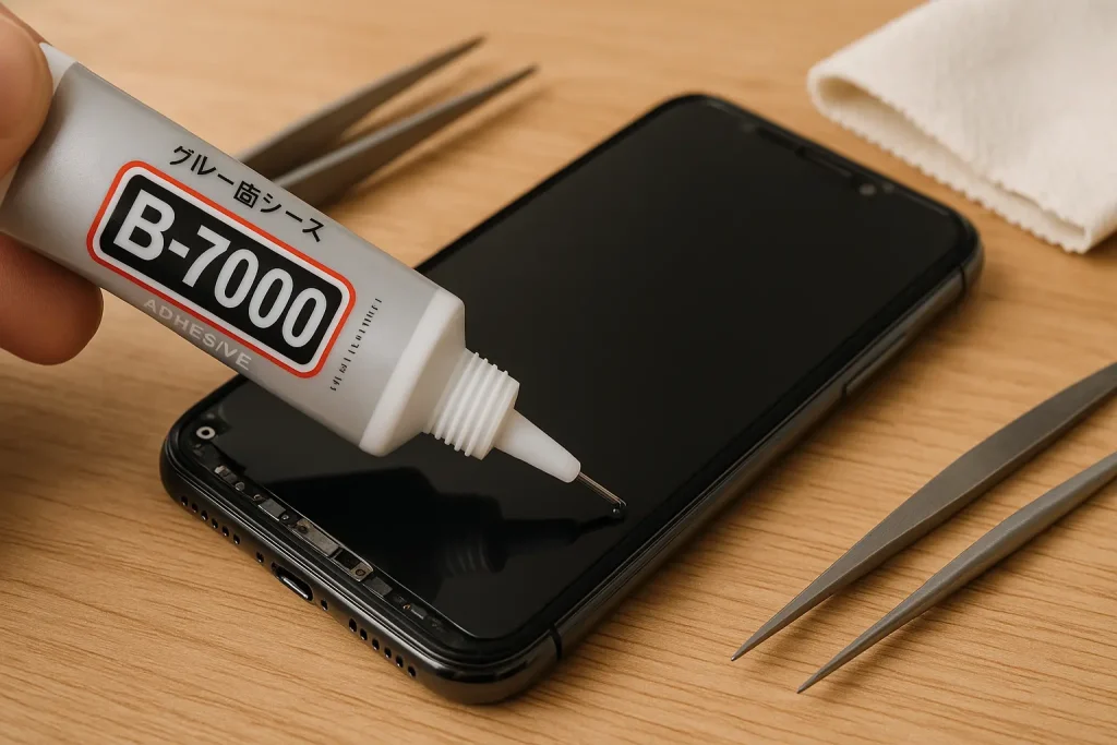 100均の接着剤を使ってスマホを補修している様子