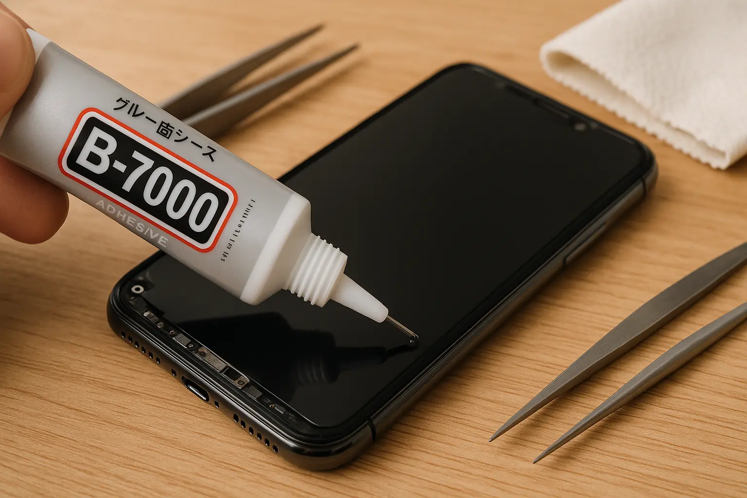 100均の接着剤を使ってスマホを補修している様子