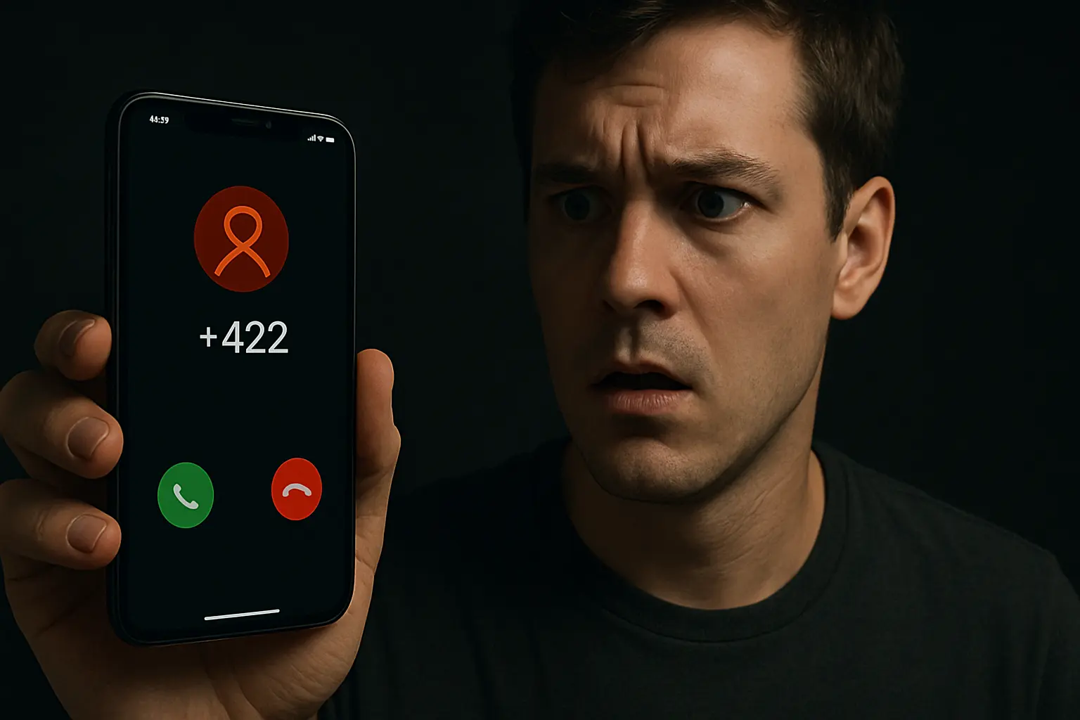 +422からの不審な着信を受けたスマートフォンと警戒する人物