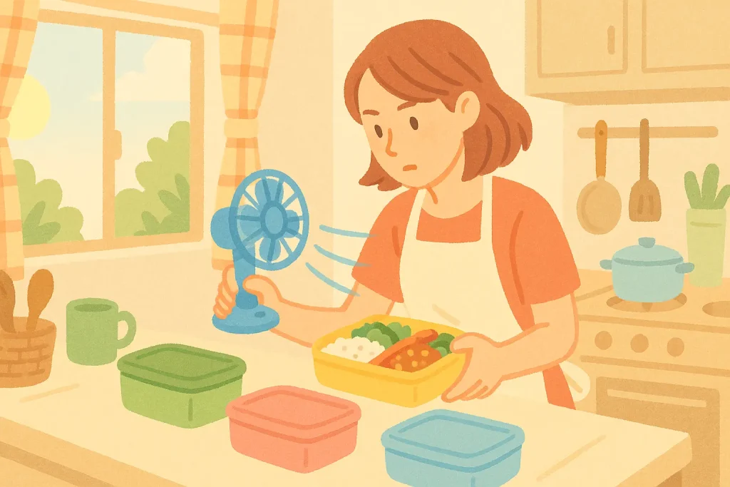 朝のキッチンで、お弁当を小型扇風機で冷ましている女性のイラスト。時短と食中毒対策を意識した場面。