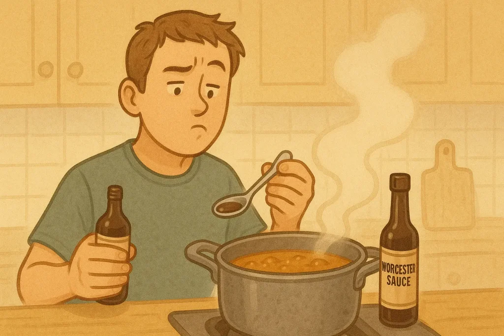 ウスターソースでカレーにコクを加える調理中の様子