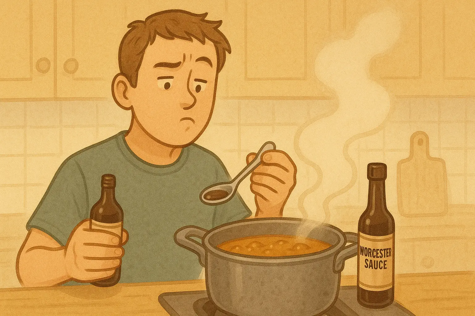 ウスターソースでカレーにコクを加える調理中の様子