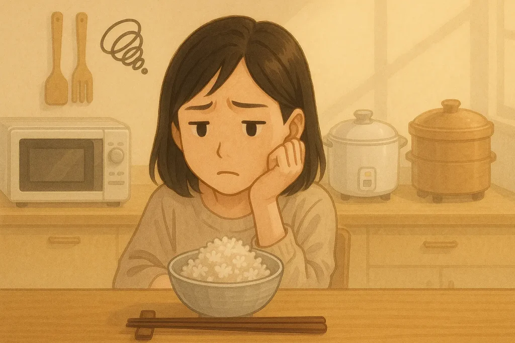硬く炊けたご飯を前に困っている女性と、電子レンジ・炊飯器・蒸し器が並ぶキッチンのイラスト