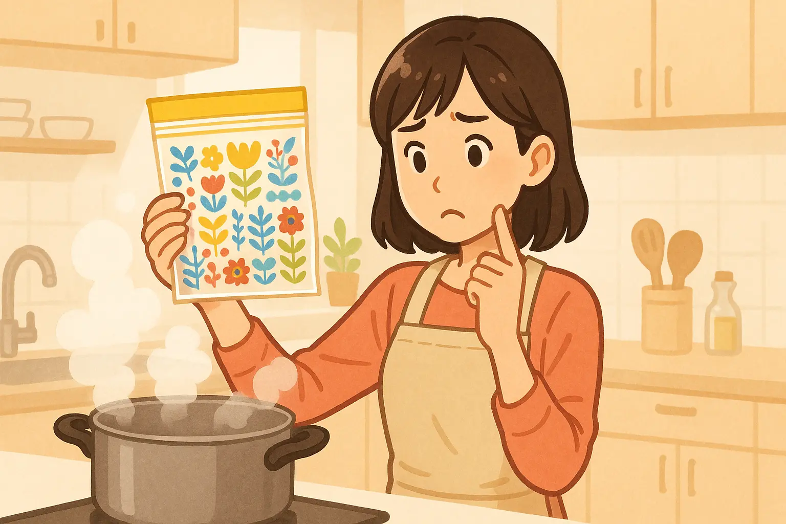 IKEAジップロックを湯煎していいか迷う女性のイラスト