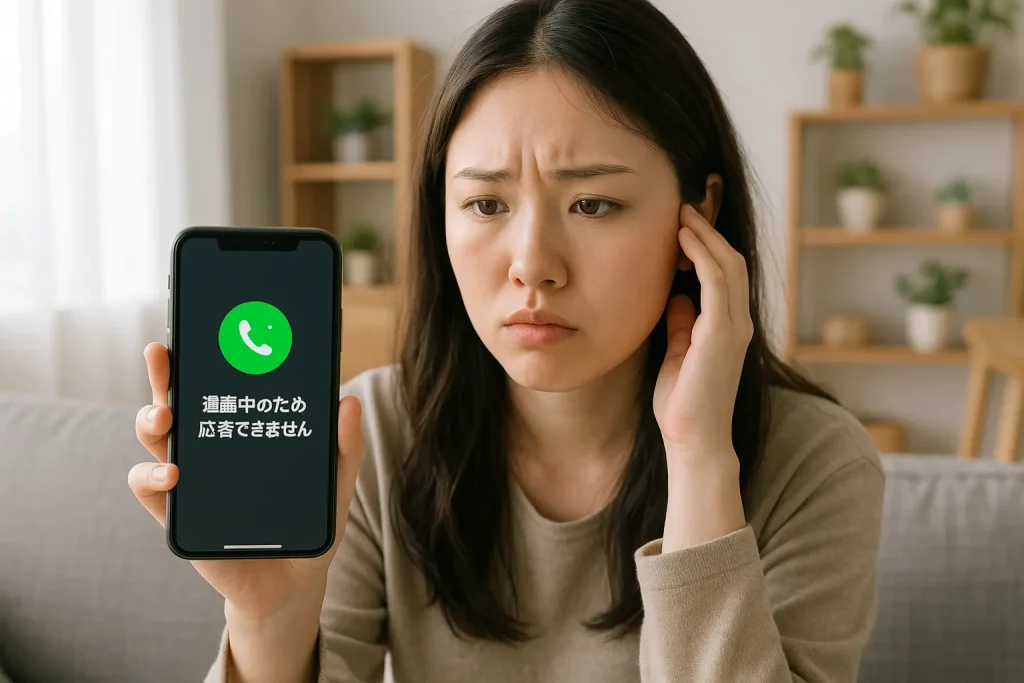 LINE通話中のため応答できませんと表示されたスマホ画面を見て困る女性の写真