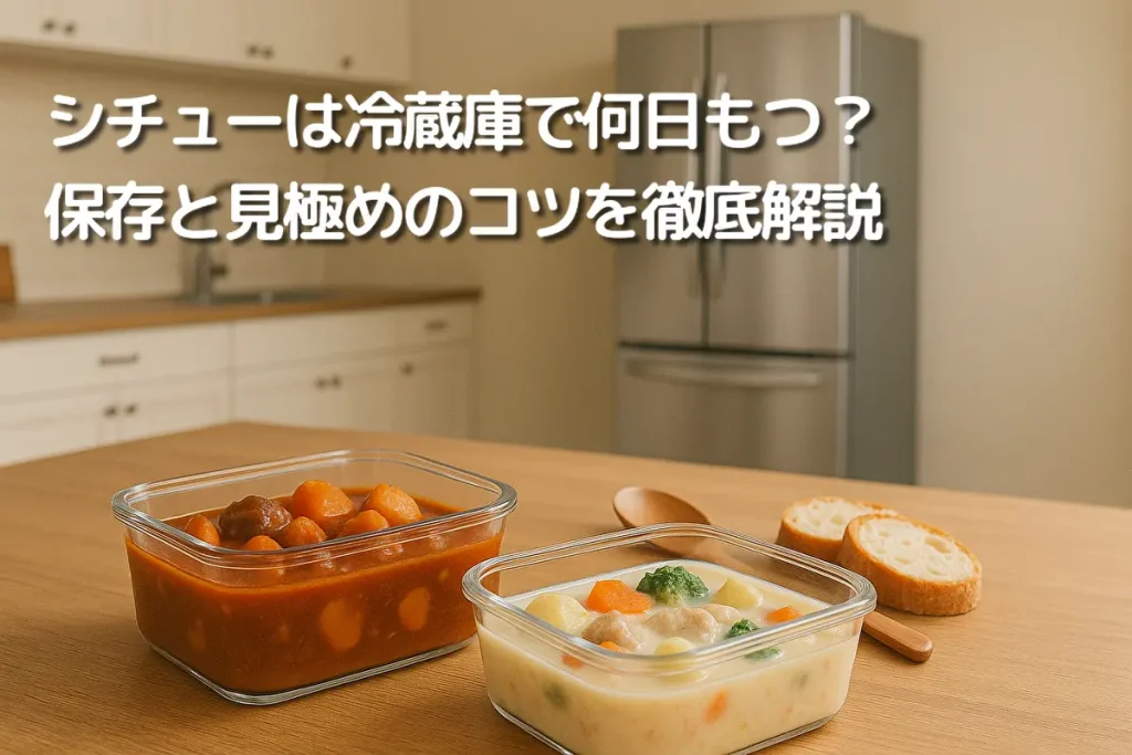 冷蔵庫の前に保存容器に入ったビーフシチューとクリームシチューが置かれている様子