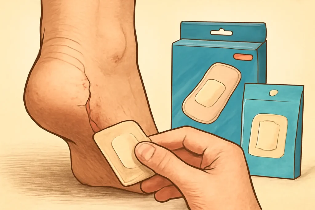 かかとのひび割れにキズパワーパッドを貼ろうとしている