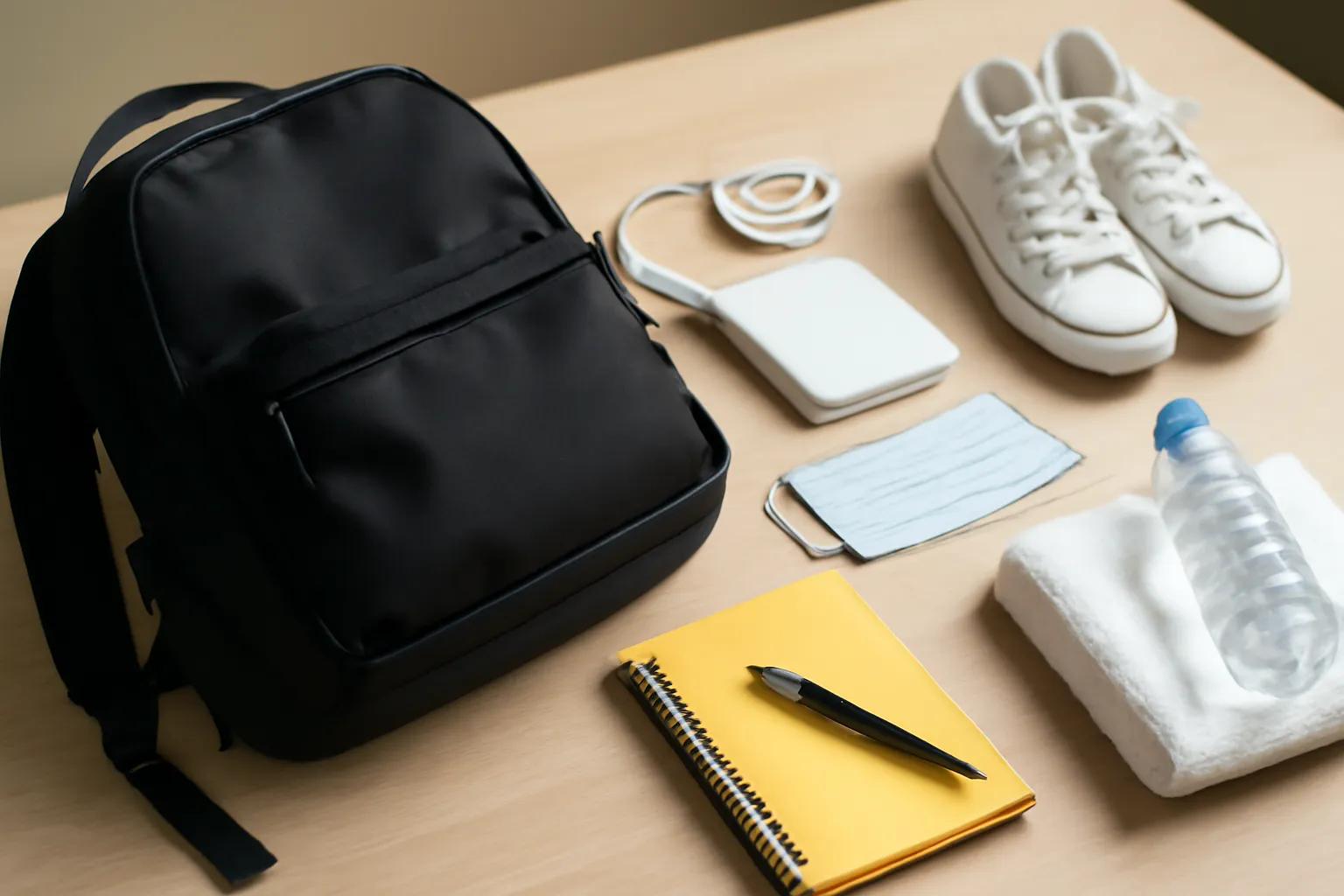 修学旅行で必要なもの:ナップザック、靴、タオル、メモ帳、水、モバイルバッテリー、お金